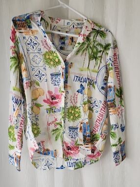 Calypso St. Barth White Floral & Tile Print Linen Shirt
